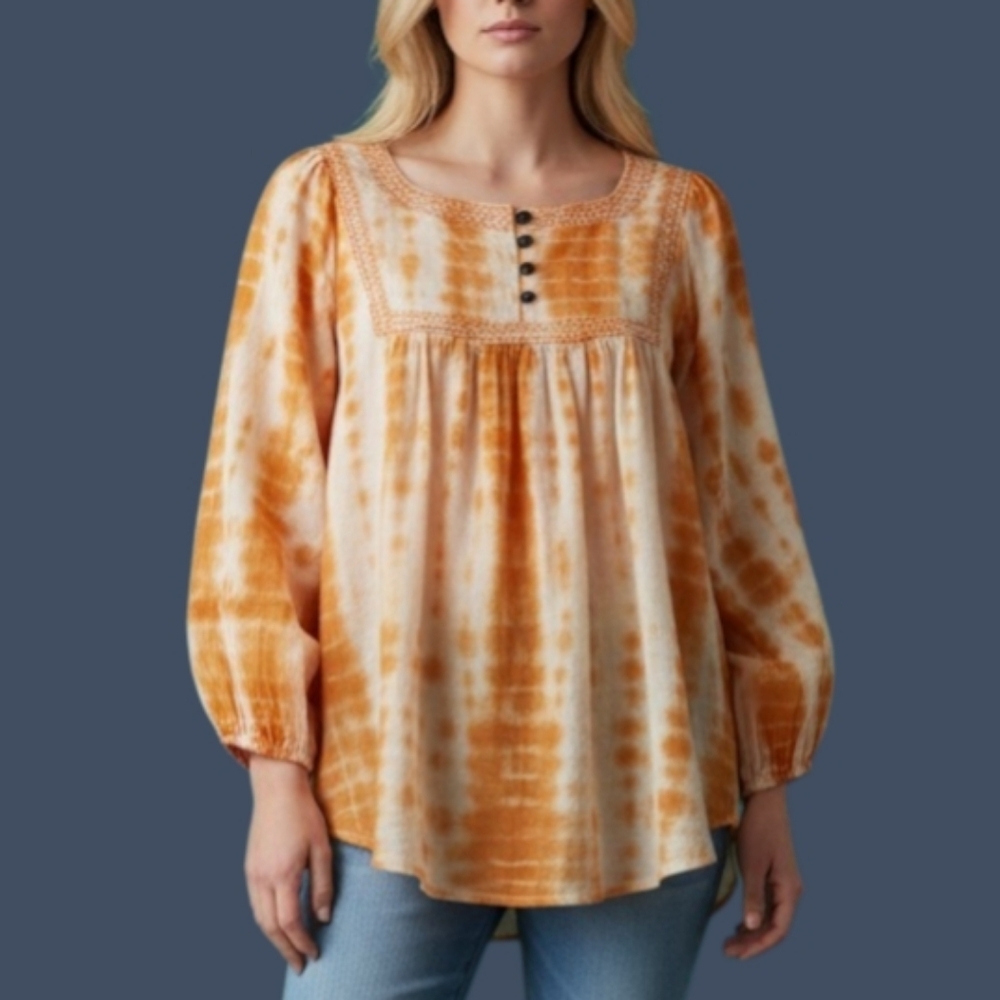 True CRAFT Orange Tie Dye Embroidered Peasant Tunic Kidcore Tunic